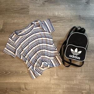 Blue and white striped cropped short sleeve shirt